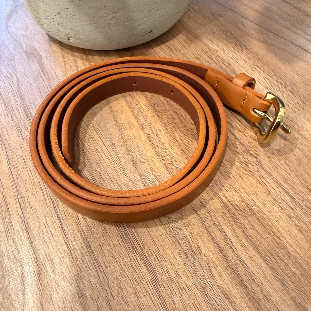 Thin J Crew Tan Leather Belt with Gold Buckle